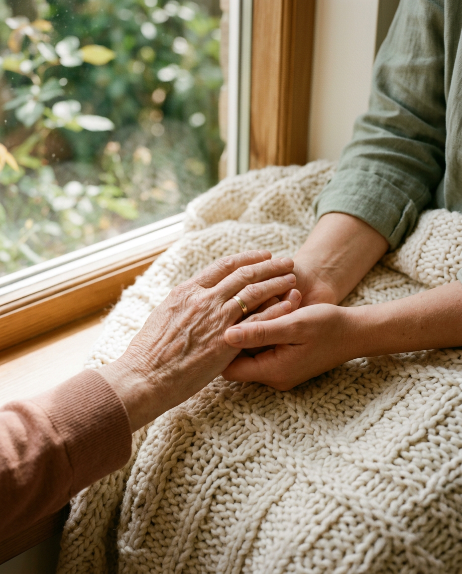 Hands held gently by a window
