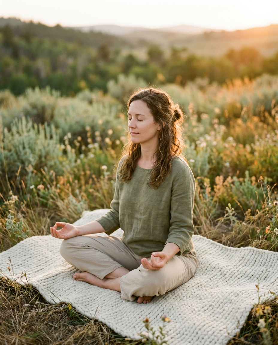 Woman meditating at sunrise