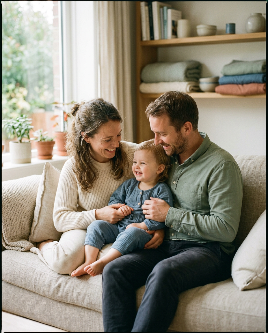 Parents with child on couch